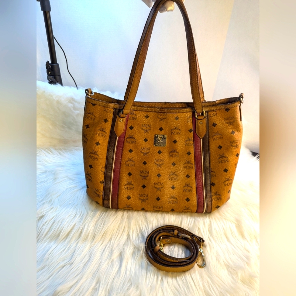 MCM Cognac Visetos Two Way Handbag Shoulder Bag Purse